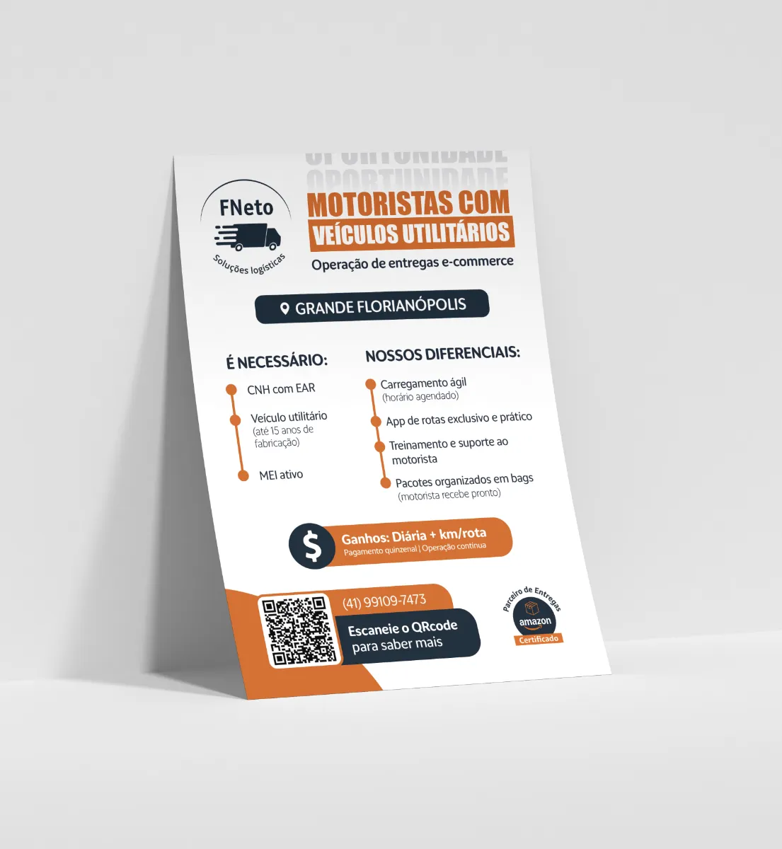 Cartaz de recrutamento de motoristas com veículos utilitários, da FNeto Soluções Logísticas, em laranja e branco