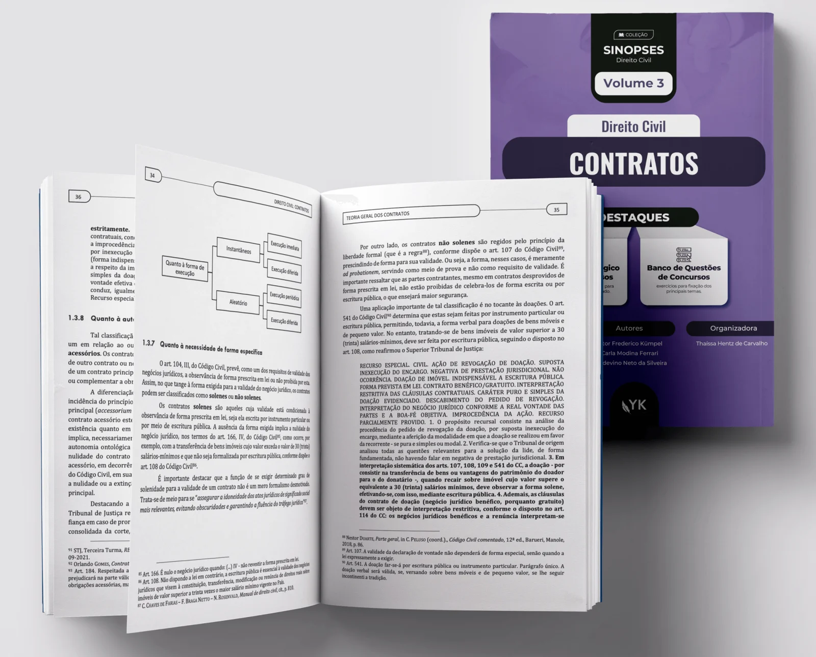 Livro aberto com diagramação de miolo e capa roxa ao fundo
