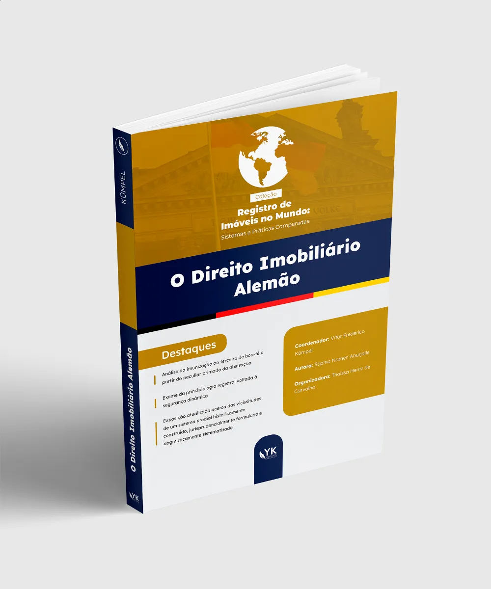 Capa de livro sobre direito imobiliário, em azul e dourado