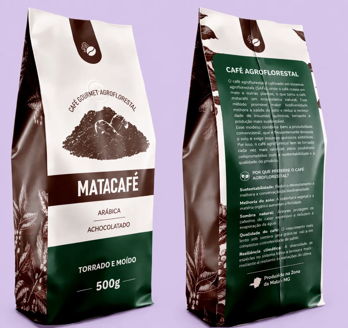 Embalagens de café Matacafé, frente e verso, sobre fundo lilás