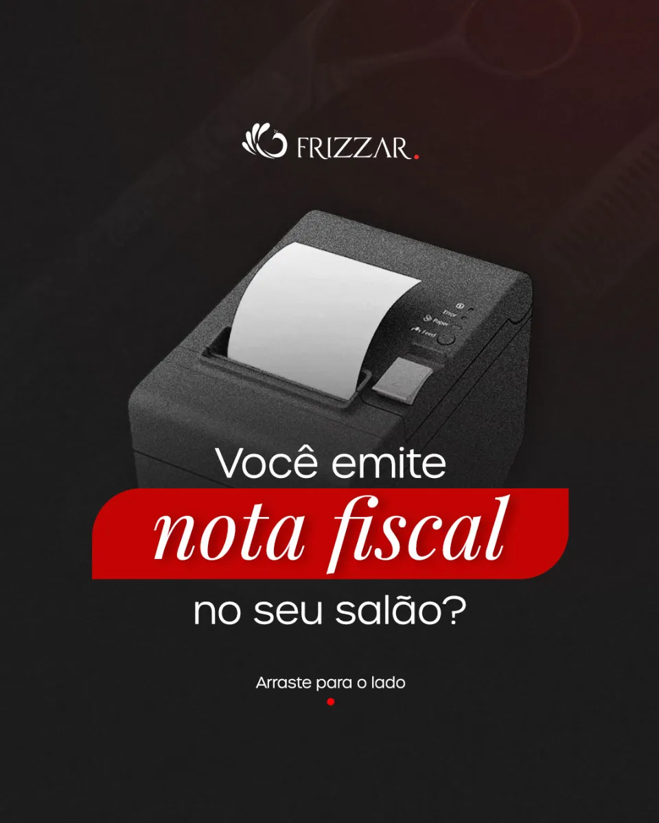Post para redes sociais sobre emissão de nota fiscal, com impressora térmica em fundo escuro