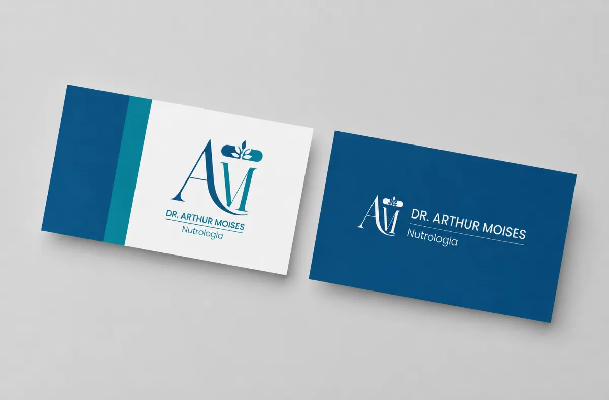 Cartões de visita do Dr. Arthur Moises, nutrologia, em azul e branco