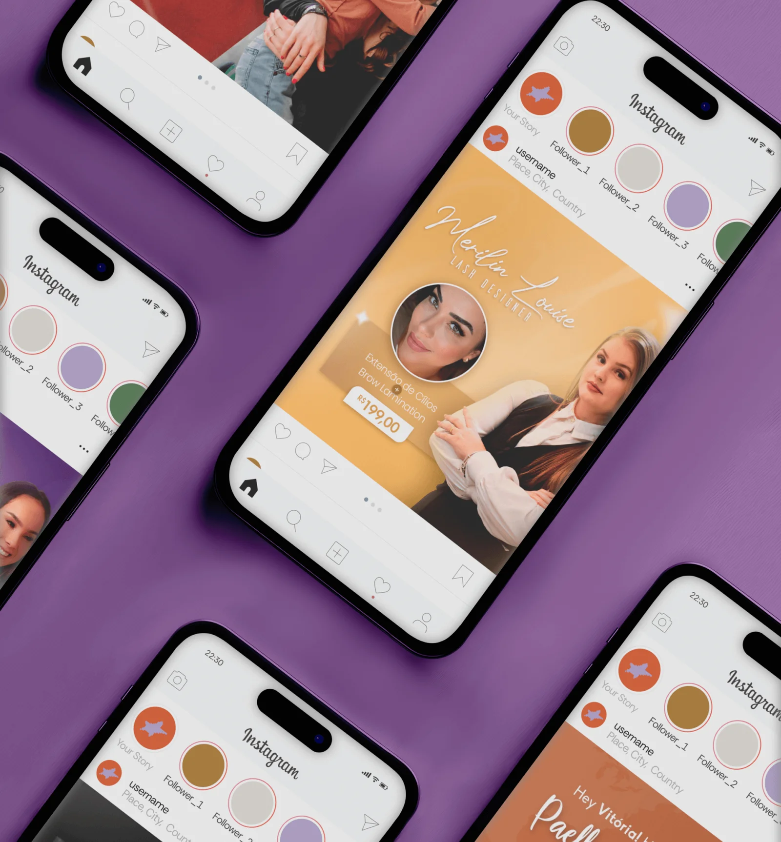 Posts e stories de redes sociais em celulares, com paleta roxa e alaranjada