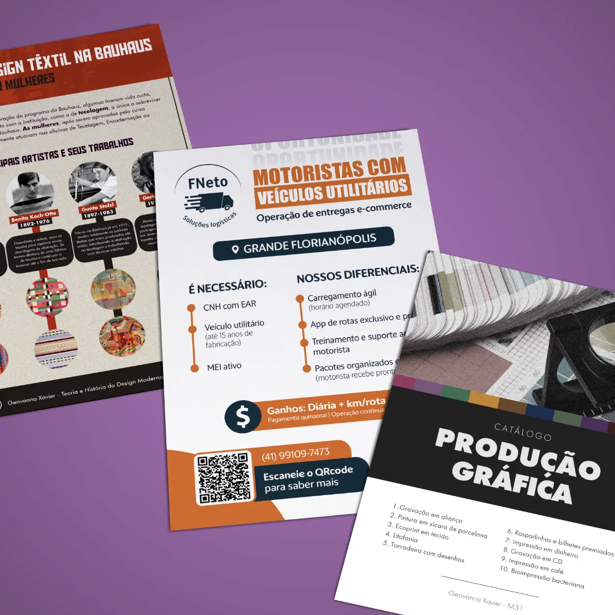 Peças impressas — cartaz de recrutamento e folder de produção gráfica — sobre fundo roxo