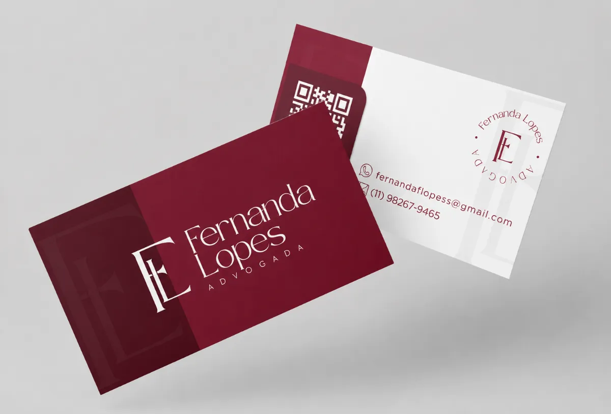 Cartão de visita frente e verso da advogada Fernanda Lopes, em vinho e branco, com QR code