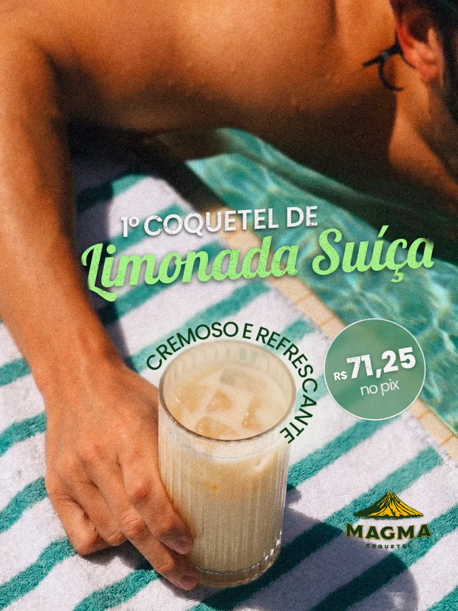 Post de cardápio com copo de limonada suíça sobre fundo verde listrado