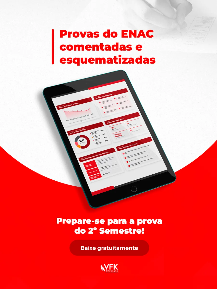 Post "Provas do ENAC comentadas e esquematizadas", em vermelho e branco, com tablet