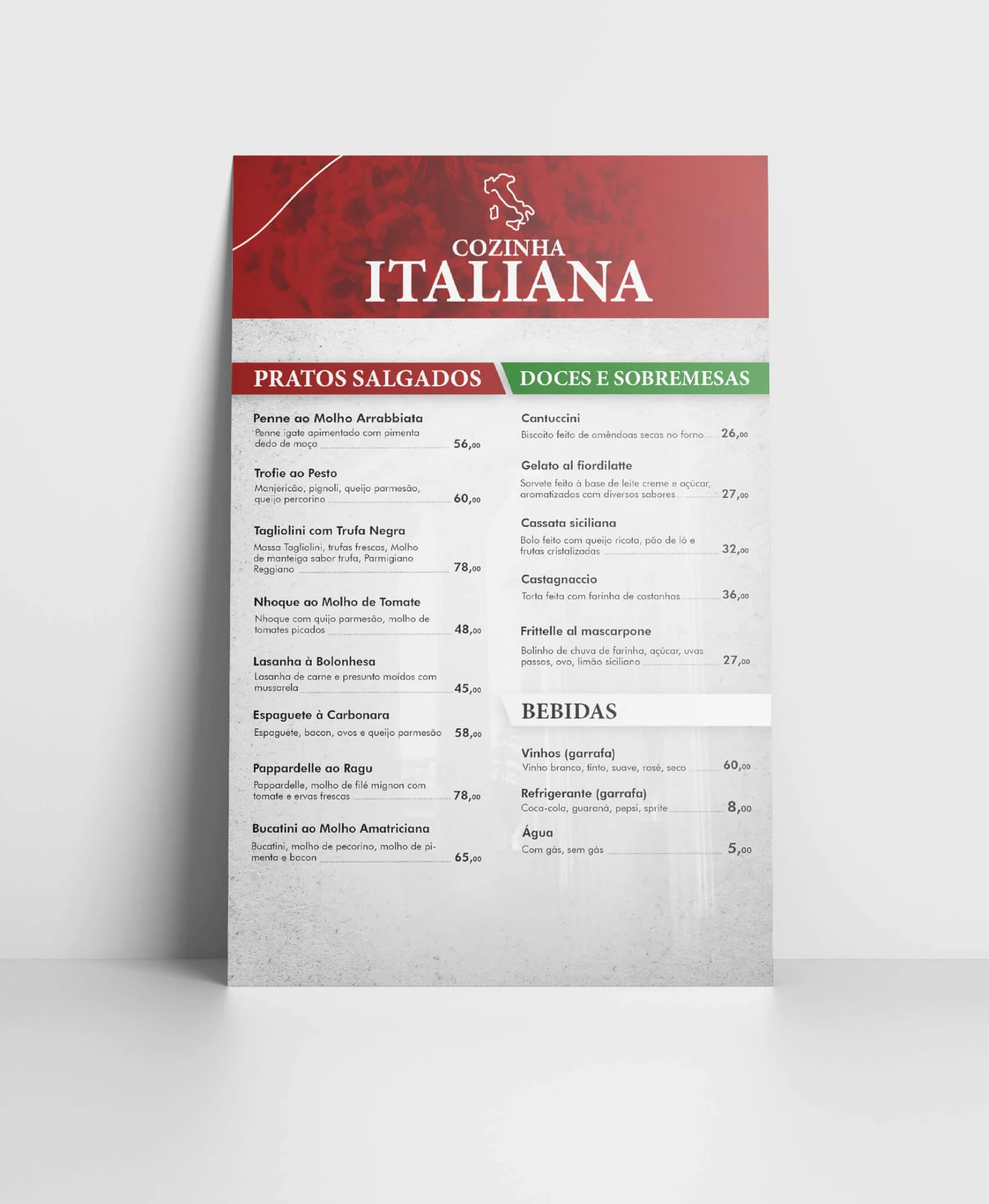 Cardápio impresso de restaurante italiano