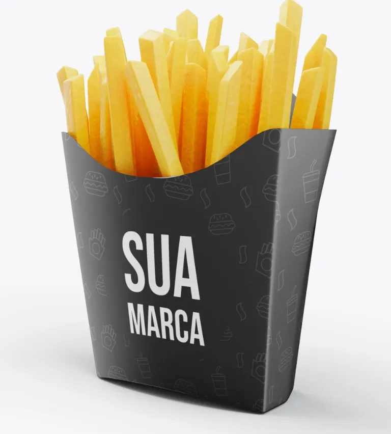Embalagem de batatas fritas com o texto "Sua marca"